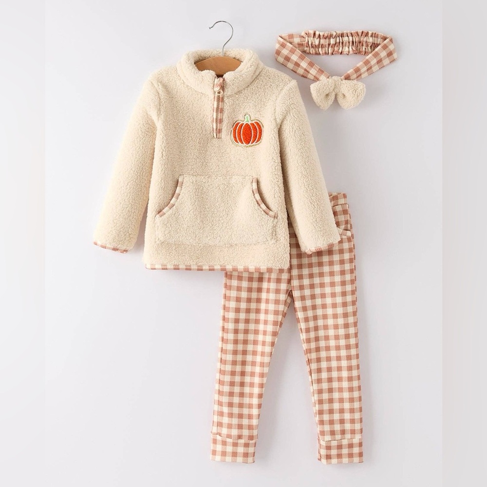 Rylee Faith Designs Furry Pumpkin Fleece Jacket Pants Headband Set 2T 3T 4 5